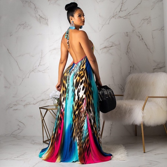 Maxi Animal Print Stretch Halter Cheetah Dress - Picture 2 of 3